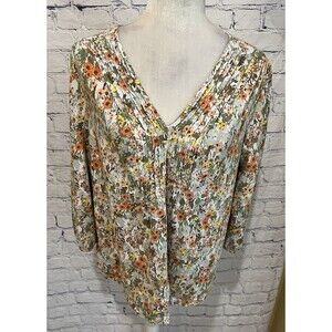 Lands End Womens Top Floral Boho Long Sleeve Peasant Cottagecore Blouse Medium